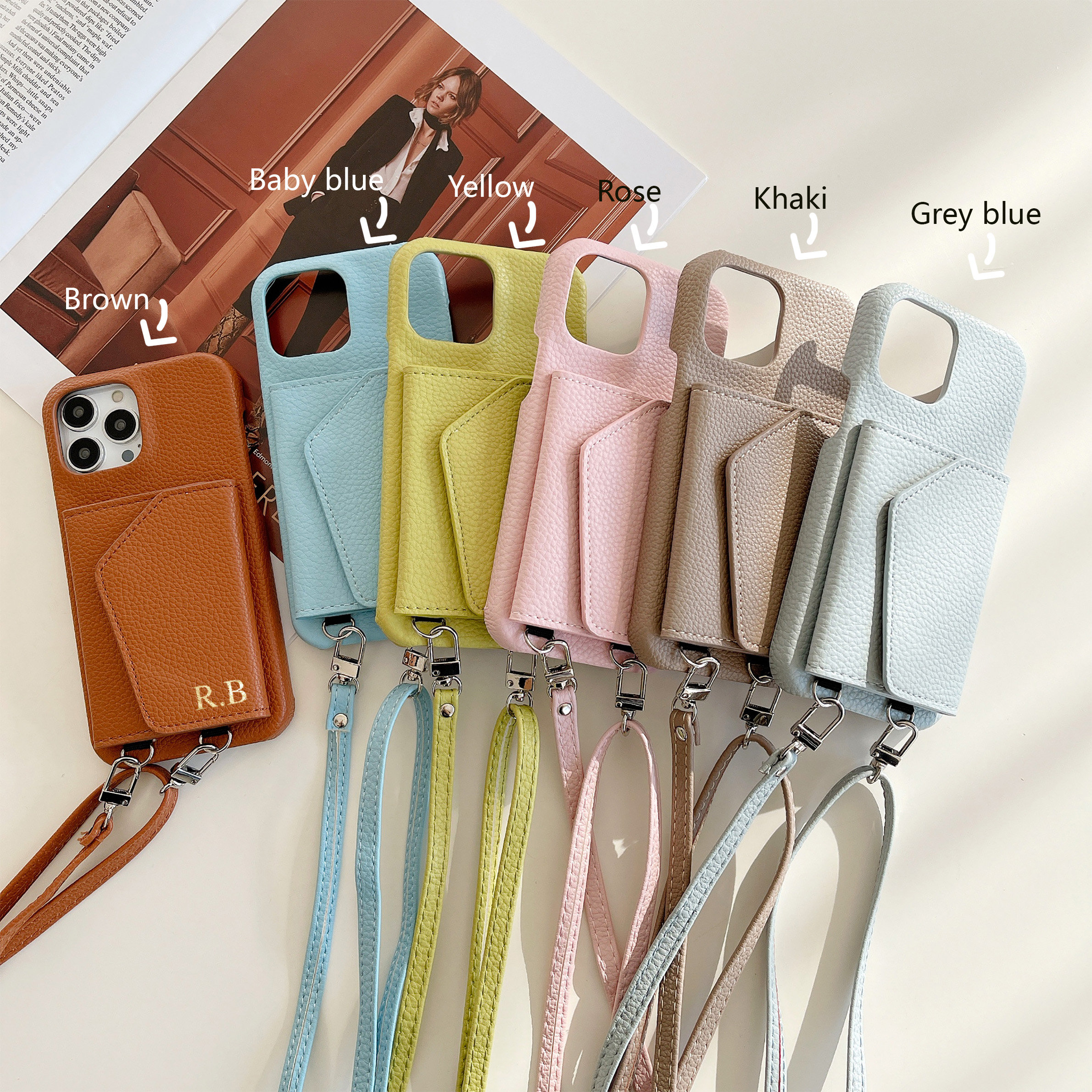Personalized Leather Phone Case with Card slot and Long Strap | OFCase043