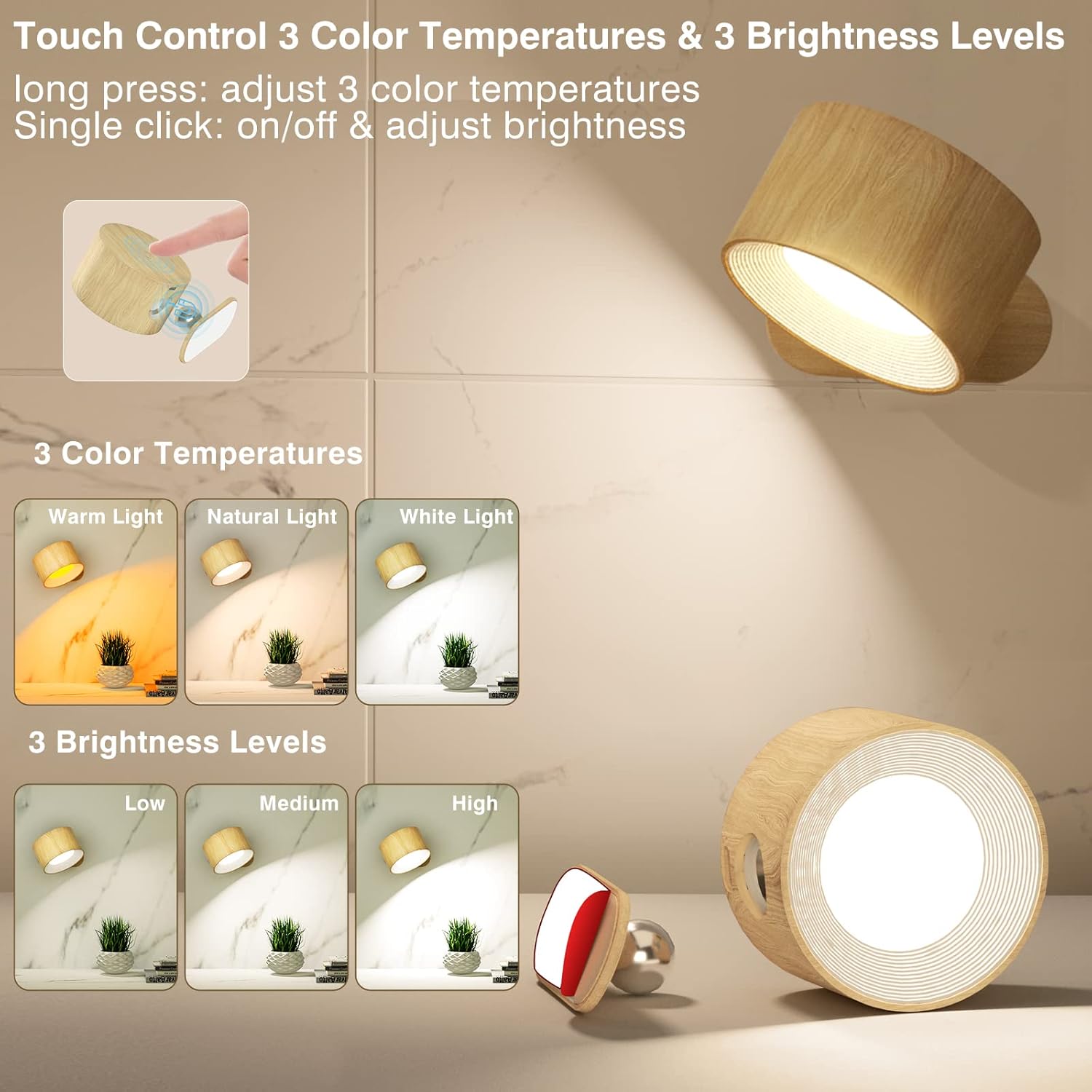 LED Reading Lights, Wall Mounted Sconces with 3 Color Temperatures & 3 Brightness Levels 