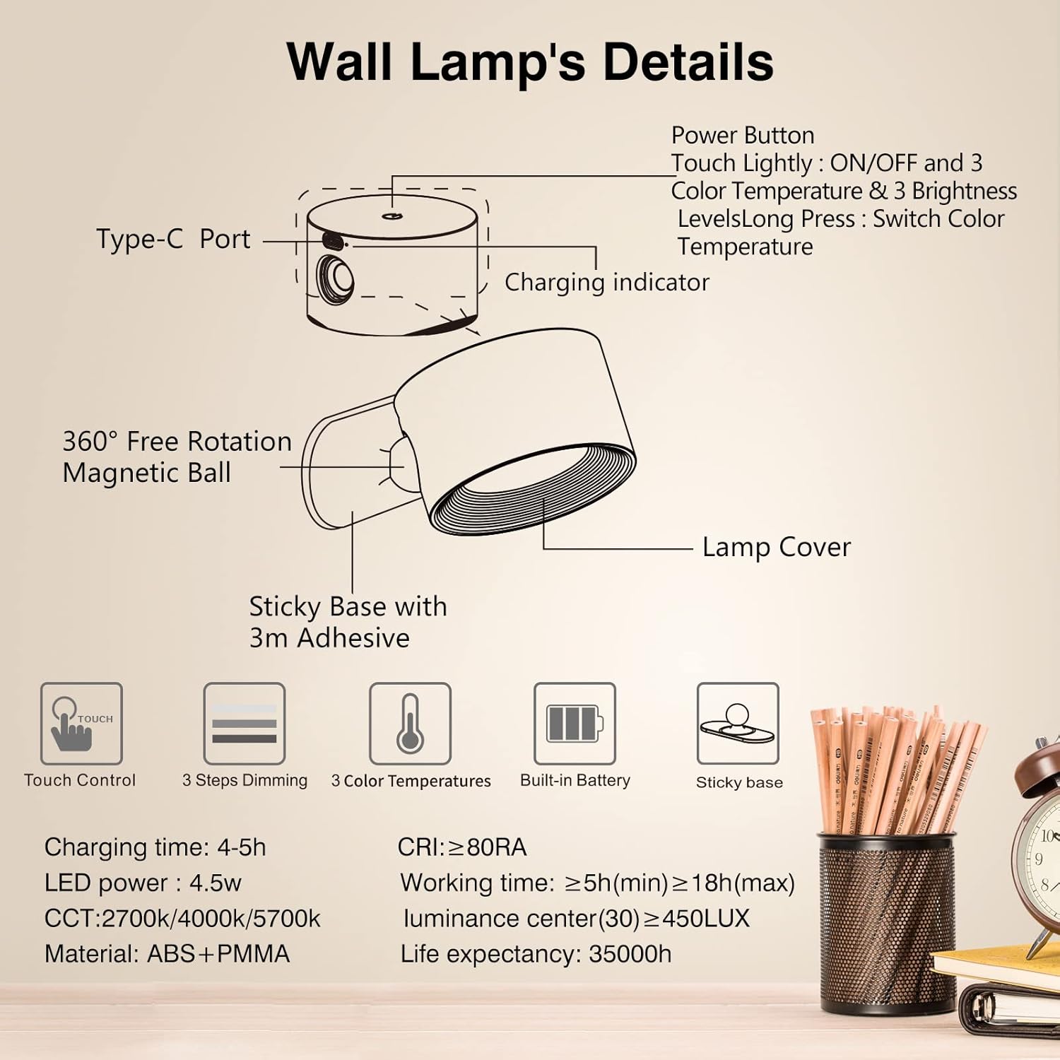 LED Reading Lights, Wall Mounted Sconces with 3 Color Temperatures & 3 Brightness Levels 