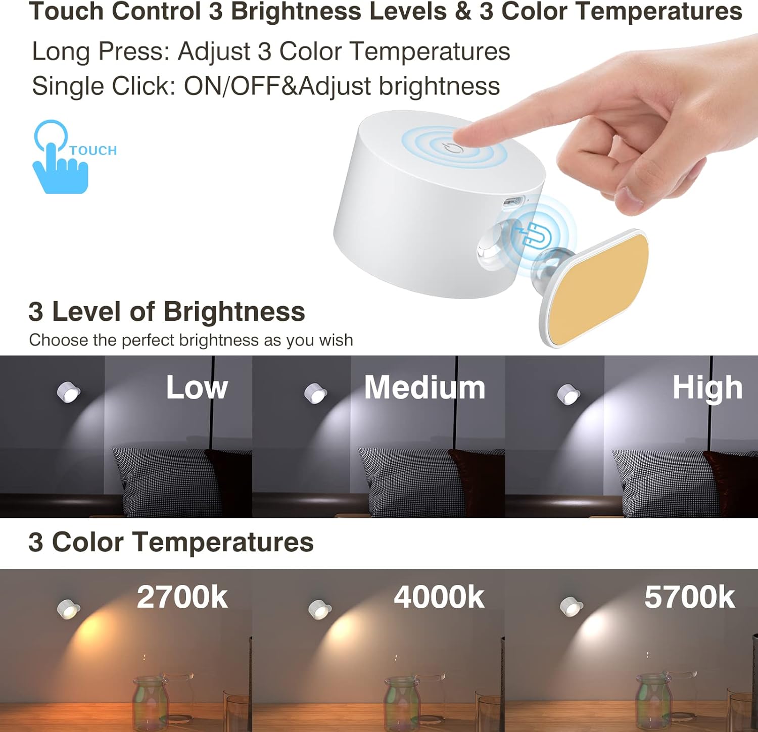 LED Reading Lights, Wall Mounted Sconces with 3 Color Temperatures & 3 Brightness Levels 
