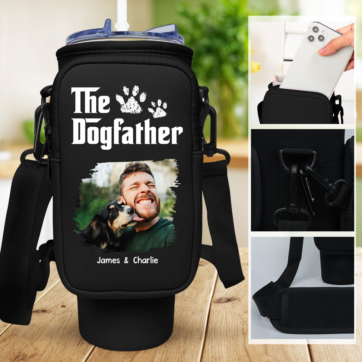 Cool Dog Father Photo - Personalized Custom Water Bottle Carrier Bag