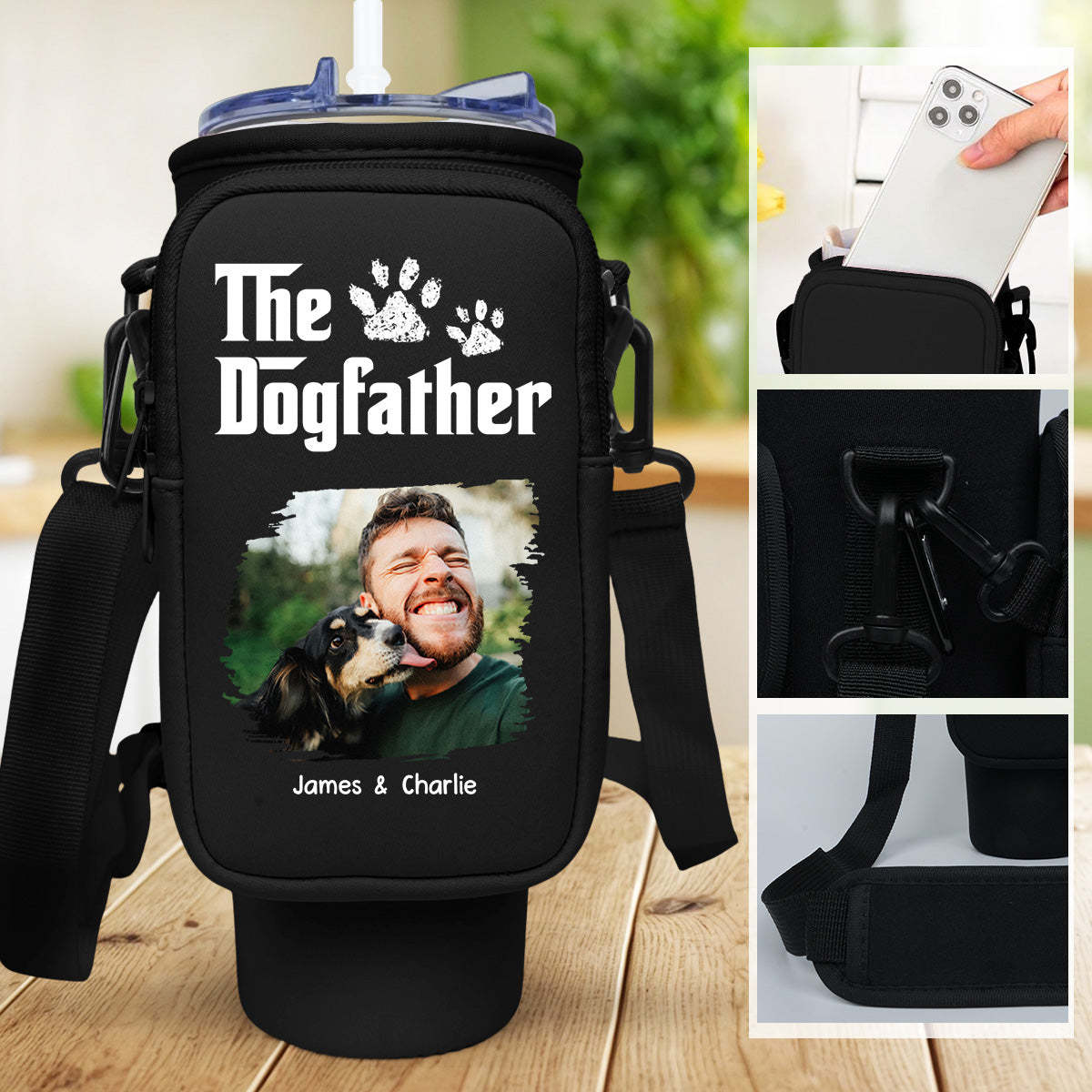 Cool Dog Father Photo - Personalized Custom Water Bottle Carrier Bag