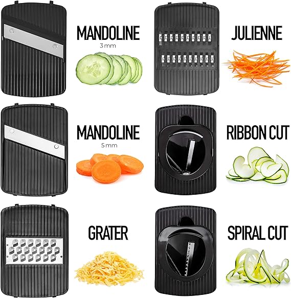 Mandoline Slicer for Kitchen, Cheese Grater Vegetable Spiralizer and Veggie Slicer for Cooking & Meal Prep, Kitchen Gadgets Organizer & Safety Glove Included (6 in 1, White)