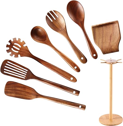 Wooden Spoons for Cooking, 8 Pcs Wooden Cooking Utensils Set for Kitchen, Natural Teak Wood Non-Stick Cooking Spoons with Bamboo Holder, Kitchen Hanging Organizer Set