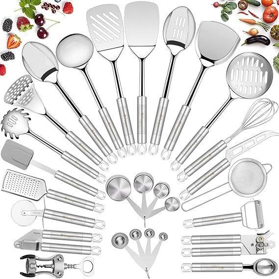 Stainless Steel Kitchen Utensil Set- Fungun 28 Pcs Cooking Nonstick Cookware Set with Spatula - Best Gadgets Tools Kitchen Accessories