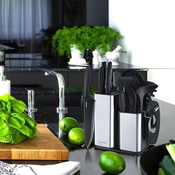 Kitchen Utensils Set, 18-in-1 Kitchen Set with 7 Pieces Cooking Utensils-Kitchen Utensils+6 Pieces Utensil Sets+5 Pieces Knife Set with Block(Black)