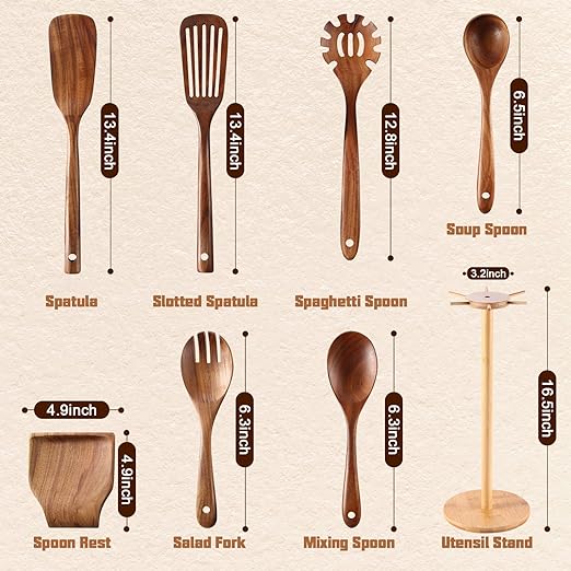 Wooden Spoons for Cooking, 8 Pcs Wooden Cooking Utensils Set for Kitchen, Natural Teak Wood Non-Stick Cooking Spoons with Bamboo Holder, Kitchen Hanging Organizer Set