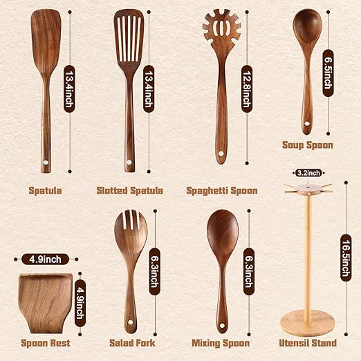 Wooden Spoons for Cooking, 8 Pcs Wooden Cooking Utensils Set for Kitchen, Natural Teak Wood Non-Stick Cooking Spoons with Bamboo Holder, Kitchen Hanging Organizer Set