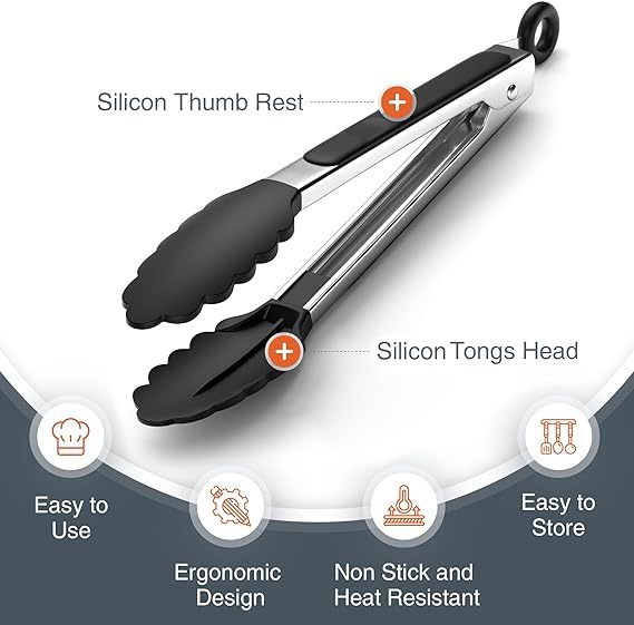 Cooking Kitchen Tongs with Silicone Tips - Stainless Steel tongs for cooking - 9" and 12" Tongs With Silicone Rubber Grips, Small and Large - Metal BBQ Tongs with Locking
