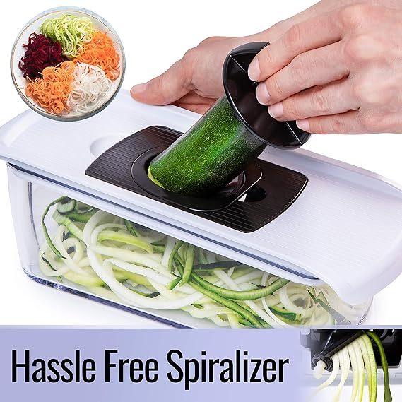 Mandoline Slicer for Kitchen, Cheese Grater Vegetable Spiralizer and Veggie Slicer for Cooking & Meal Prep, Kitchen Gadgets Organizer & Safety Glove Included (6 in 1, White)