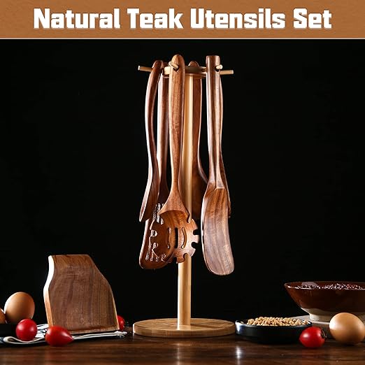 Wooden Spoons for Cooking, 8 Pcs Wooden Cooking Utensils Set for Kitchen, Natural Teak Wood Non-Stick Cooking Spoons with Bamboo Holder, Kitchen Hanging Organizer Set