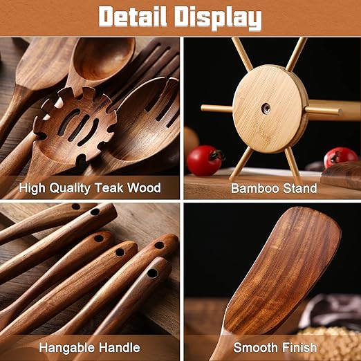 Wooden Spoons for Cooking, 8 Pcs Wooden Cooking Utensils Set for Kitchen, Natural Teak Wood Non-Stick Cooking Spoons with Bamboo Holder, Kitchen Hanging Organizer Set
