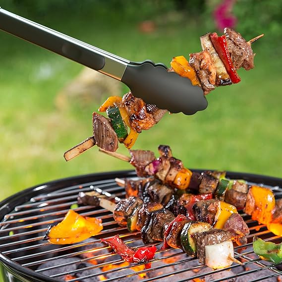 Cooking Kitchen Tongs with Silicone Tips - Stainless Steel tongs for cooking - 9" and 12" Tongs With Silicone Rubber Grips, Small and Large - Metal BBQ Tongs with Locking