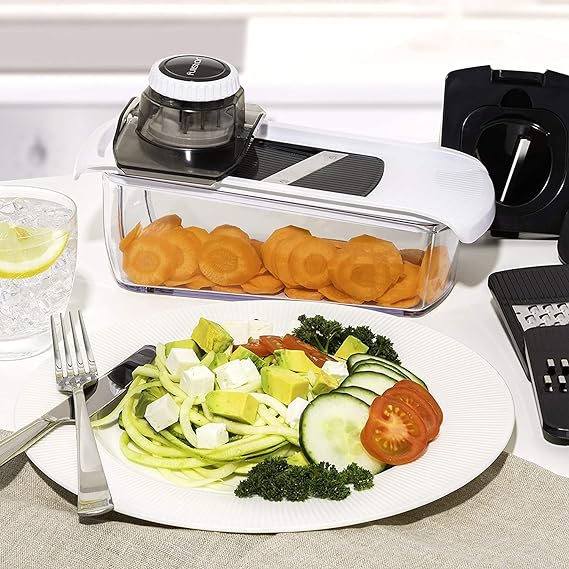 Mandoline Slicer for Kitchen, Cheese Grater Vegetable Spiralizer and Veggie Slicer for Cooking & Meal Prep, Kitchen Gadgets Organizer & Safety Glove Included (6 in 1, White)