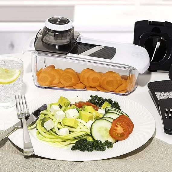 Mandoline Slicer for Kitchen, Cheese Grater Vegetable Spiralizer and Veggie Slicer for Cooking & Meal Prep, Kitchen Gadgets Organizer & Safety Glove Included (6 in 1, White)