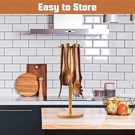 Wooden Spoons for Cooking, 8 Pcs Wooden Cooking Utensils Set for Kitchen, Natural Teak Wood Non-Stick Cooking Spoons with Bamboo Holder, Kitchen Hanging Organizer Set