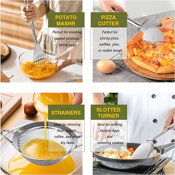 Stainless Steel Kitchen Utensil Set- Fungun 28 Pcs Cooking Nonstick Cookware Set with Spatula - Best Gadgets Tools Kitchen Accessories