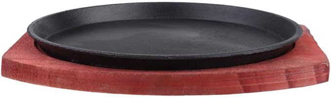 Forset-snail Sizzling Steak Plate with Wooden Base Cast Iron Skillet Fajita Server Plate Japanese Steak Pan Teppanyaki Grill Pan for Home Restaurant 19CM Round