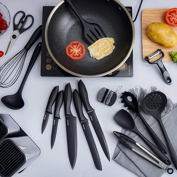 Kitchen Utensils Set, 18-in-1 Kitchen Set with 7 Pieces Cooking Utensils-Kitchen Utensils+6 Pieces Utensil Sets+5 Pieces Knife Set with Block(Black)