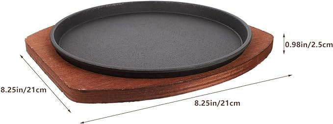 Forset-snail Sizzling Steak Plate with Wooden Base Cast Iron Skillet Fajita Server Plate Japanese Steak Pan Teppanyaki Grill Pan for Home Restaurant 19CM Round