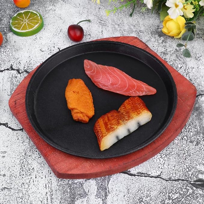 Forset-snail Sizzling Steak Plate with Wooden Base Cast Iron Skillet Fajita Server Plate Japanese Steak Pan Teppanyaki Grill Pan for Home Restaurant 19CM Round
