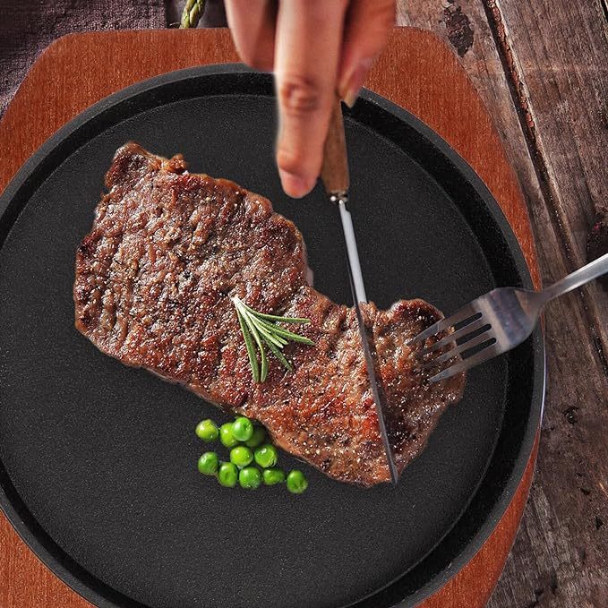 Forset-snail Sizzling Steak Plate with Wooden Base Cast Iron Skillet Fajita Server Plate Japanese Steak Pan Teppanyaki Grill Pan for Home Restaurant 19CM Round