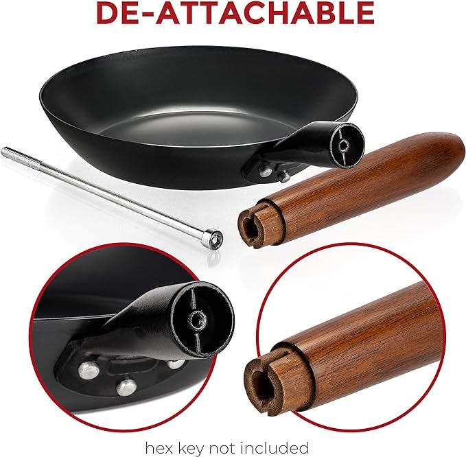 Coating-Free Carbon Steel Pan - Durable 7.9 Inch Frying Pan - Pans for Cooking Healthy and Delicious Meals - Carbon Steel Pan with Removable Heat-Resistant Wooden Handle - Easy to Clean Fry Pan