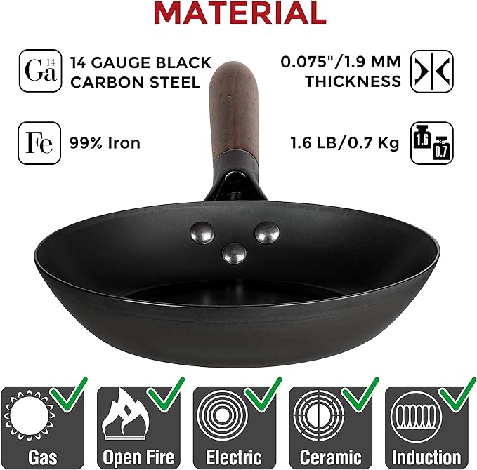 Coating-Free Carbon Steel Pan - Durable 7.9 Inch Frying Pan - Pans for Cooking Healthy and Delicious Meals - Carbon Steel Pan with Removable Heat-Resistant Wooden Handle - Easy to Clean Fry Pan