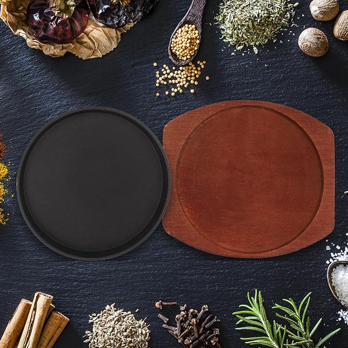 Forset-snail Sizzling Steak Plate with Wooden Base Cast Iron Skillet Fajita Server Plate Japanese Steak Pan Teppanyaki Grill Pan for Home Restaurant 19CM Round