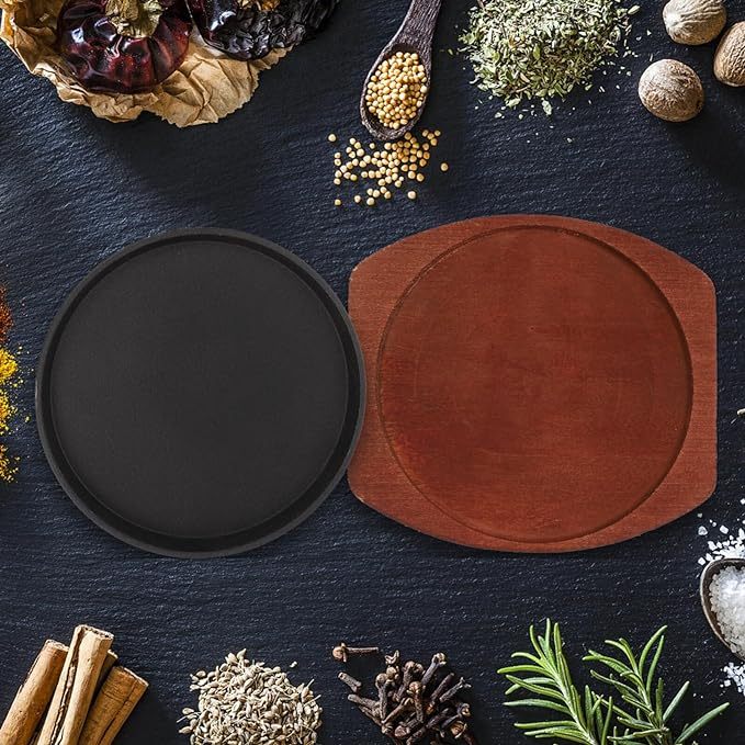 Forset-snail Sizzling Steak Plate with Wooden Base Cast Iron Skillet Fajita Server Plate Japanese Steak Pan Teppanyaki Grill Pan for Home Restaurant 19CM Round