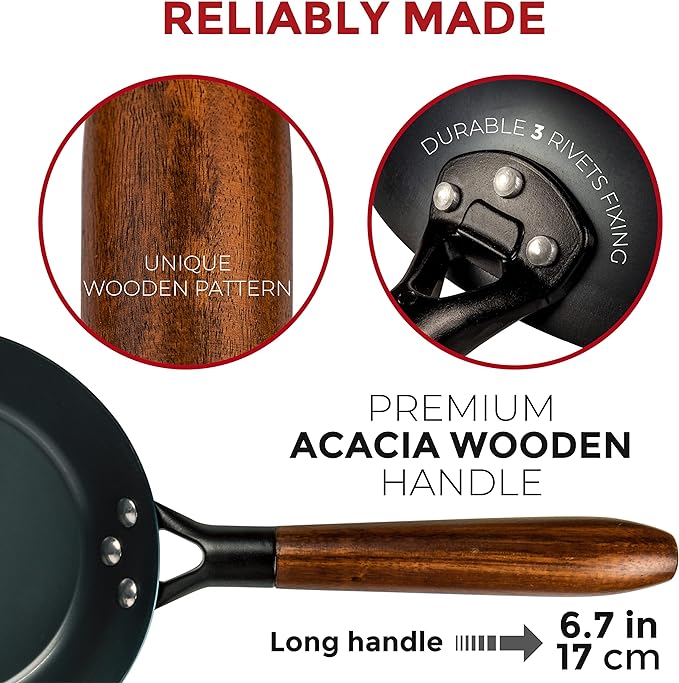 Coating-Free Carbon Steel Pan - Durable 7.9 Inch Frying Pan - Pans for Cooking Healthy and Delicious Meals - Carbon Steel Pan with Removable Heat-Resistant Wooden Handle - Easy to Clean Fry Pan