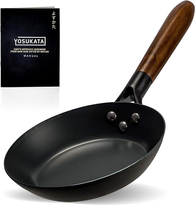 Coating-Free Carbon Steel Pan - Durable 7.9 Inch Frying Pan - Pans for Cooking Healthy and Delicious Meals - Carbon Steel Pan with Removable Heat-Resistant Wooden Handle - Easy to Clean Fry Pan