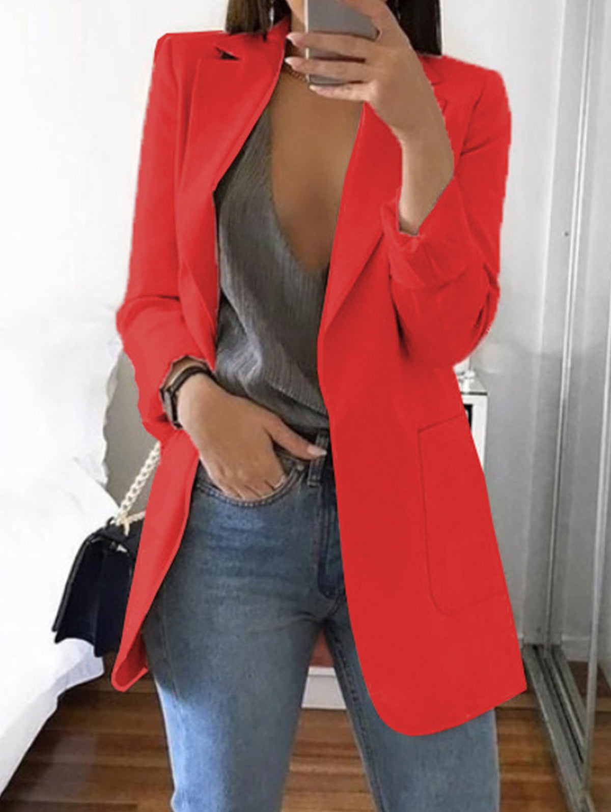 Elegant Plain Lapel Collar Dual Pocket Blazer