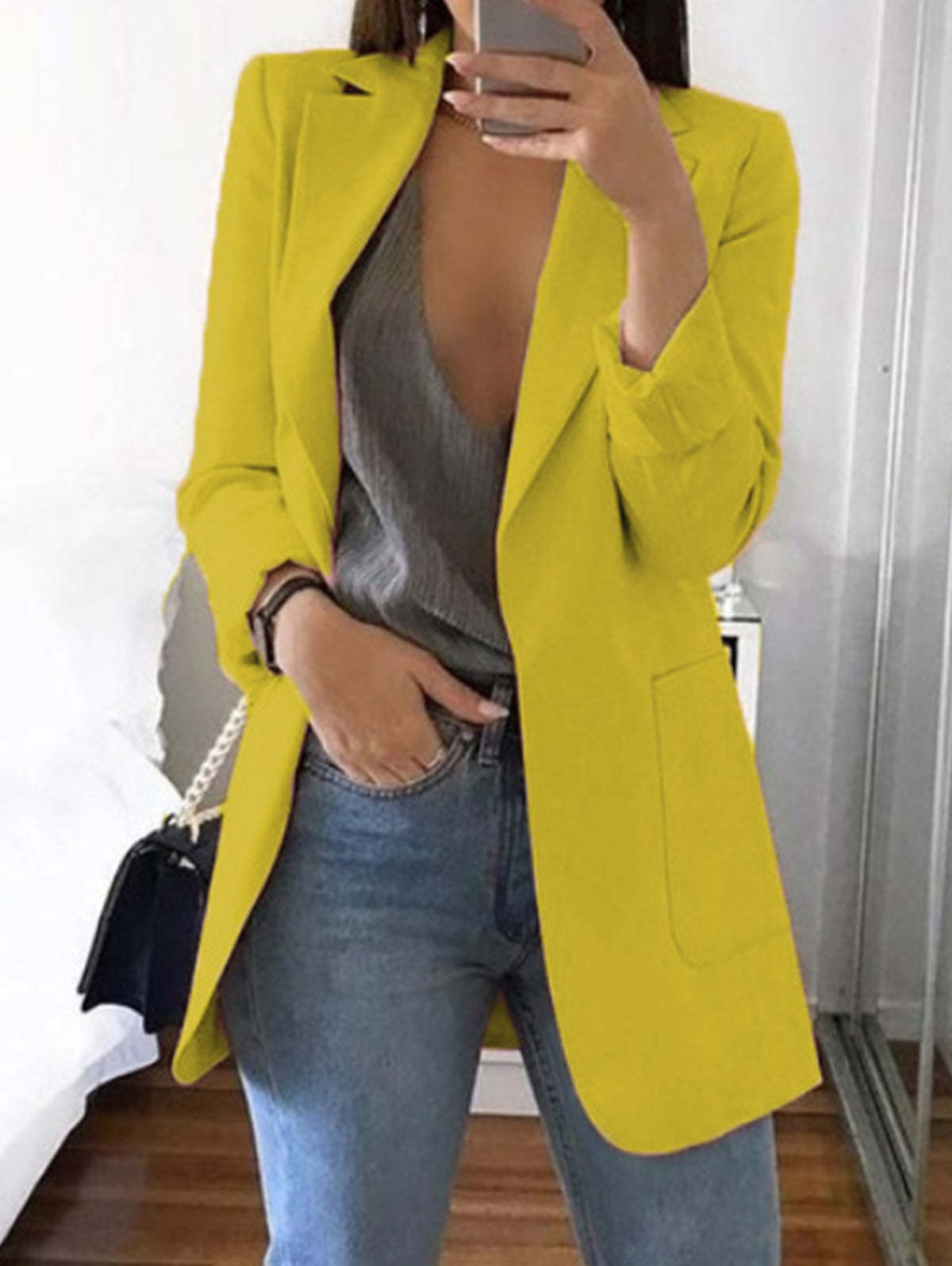 Elegant Plain Lapel Collar Dual Pocket Blazer