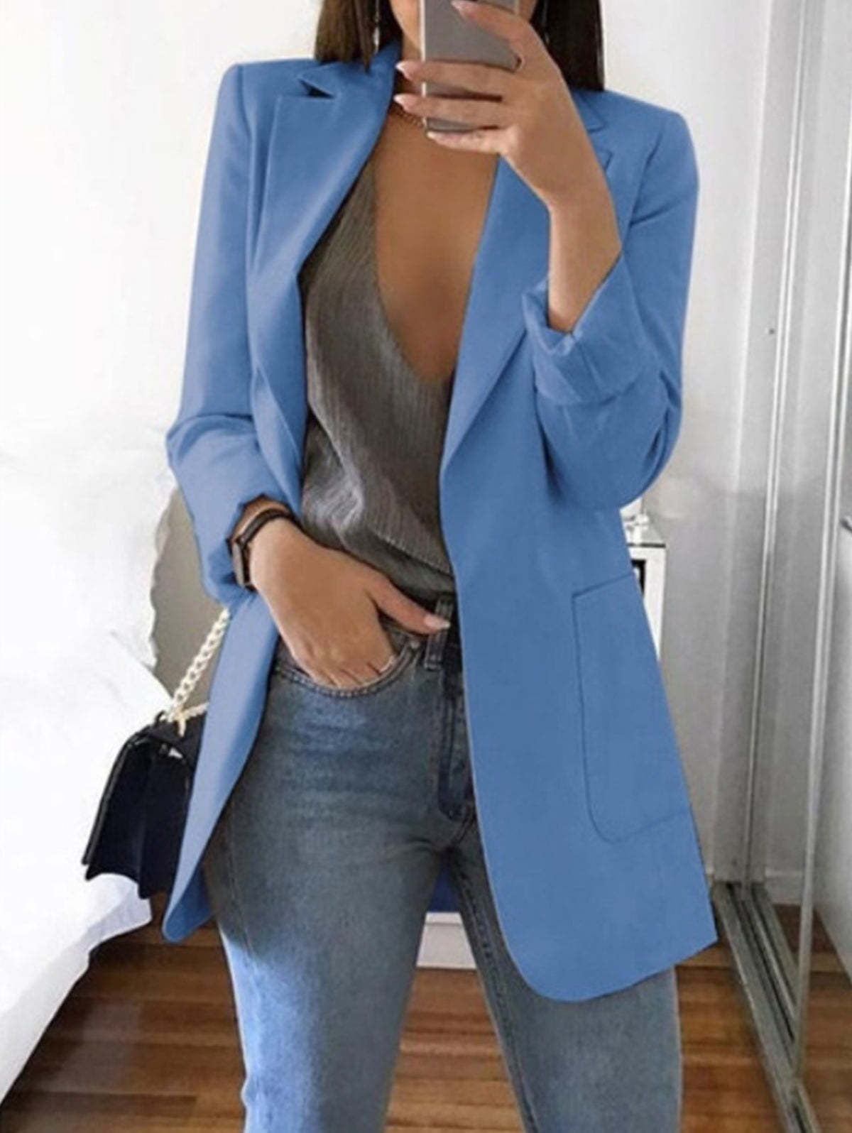 Elegant Plain Lapel Collar Dual Pocket Blazer