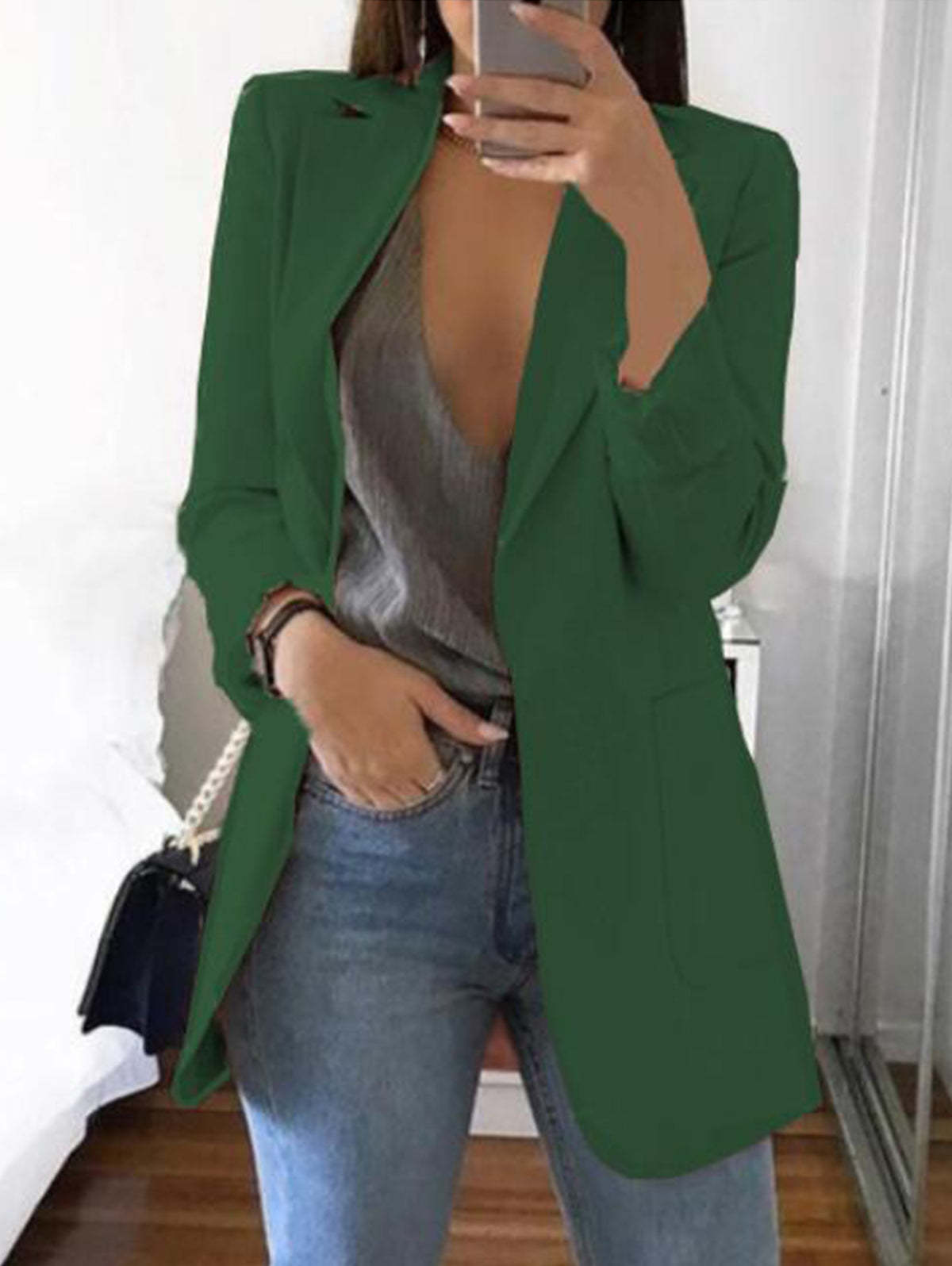 Elegant Plain Lapel Collar Dual Pocket Blazer