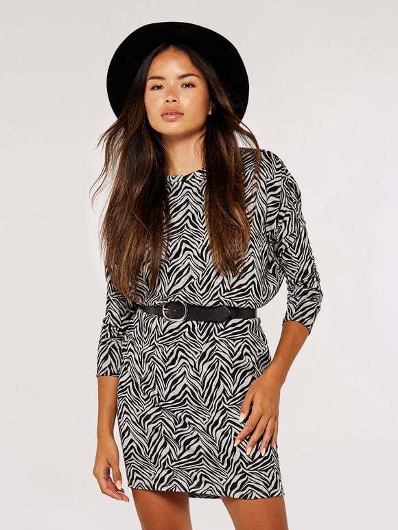 Zebra-patterned boot-cut mini knitted dress