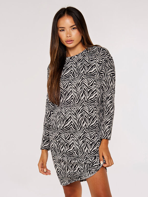 Zebra-patterned boot-cut mini knitted dress