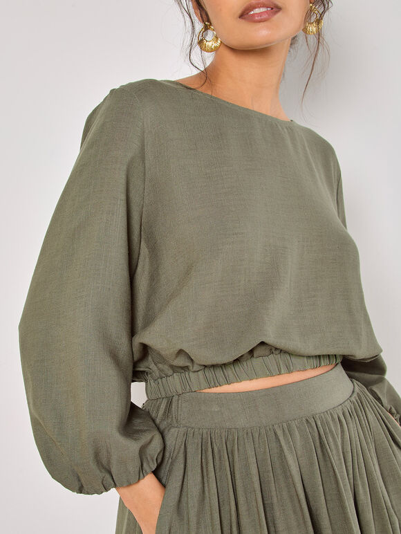 Linen Blend Bubble Hem Crop Top
