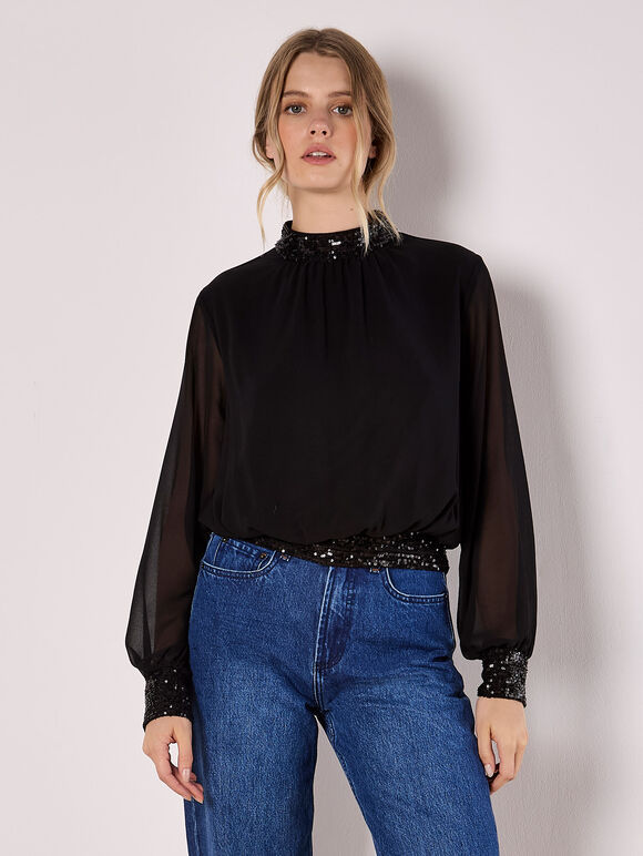 Sequin Trim Chiffon Top