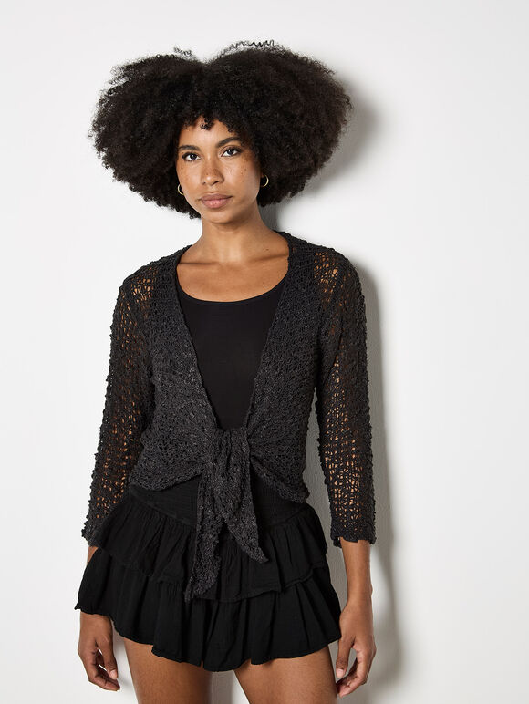 Black mesh corn knitted pullover with shoulder straps