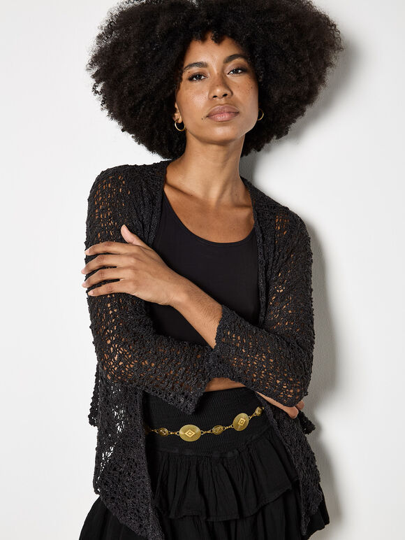 Black mesh corn knitted pullover with shoulder straps