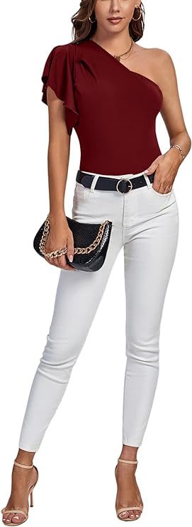 Women's Summer Elegant One Shoulder Ruched Ruffle Short Sleeve Blouse Top