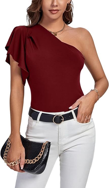 Women's Summer Elegant One Shoulder Ruched Ruffle Short Sleeve Blouse Top