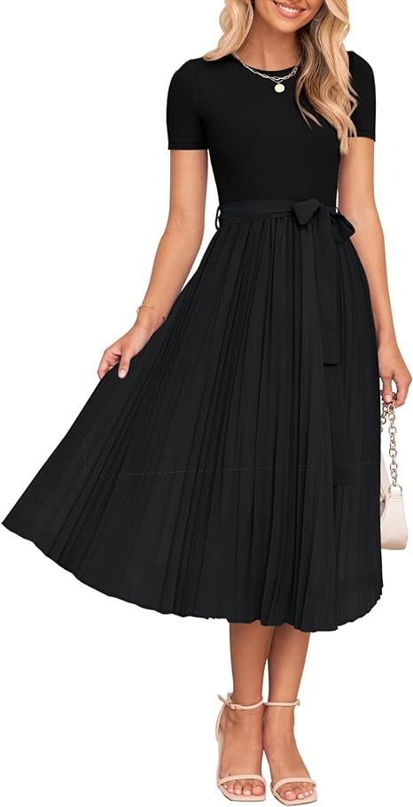 Womens Spring Casual Short Sleeve Midi Dresses 2024 Summer Crew Neck Ribbed Knit Belted Pleated A Line Long Dress