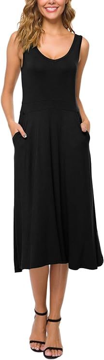 Women's Summer Casual Sleeveless Flared Midi Dress Swing T-Shirt Dresses with Pockets