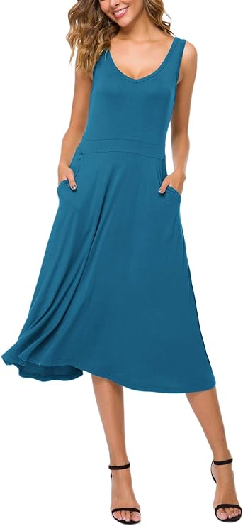 Women's Summer Casual Sleeveless Flared Midi Dress Swing T-Shirt Dresses with Pockets