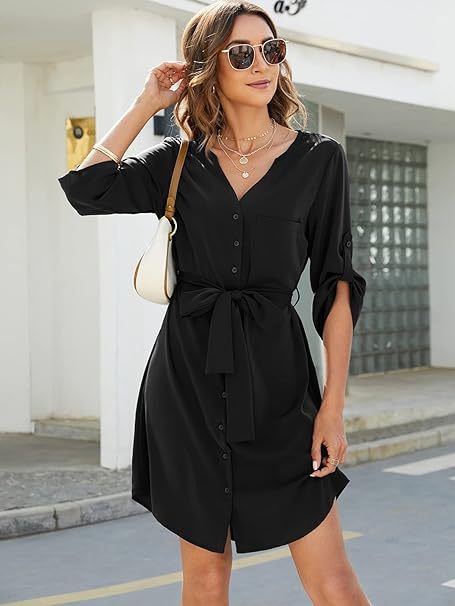 Womens Button Down Dress Summer V Neck 3/4 Sleeve Tie Waist Business Casual Work Mini Shirt Dresses