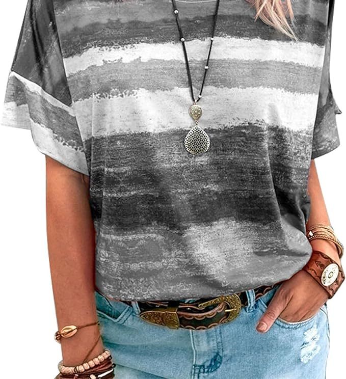 Short Sleeved Pullover Blouse, Fashion Soft Round Collar Casual Fitted Elastic Crewneck Short Sleeved Blouse for Outing for Women