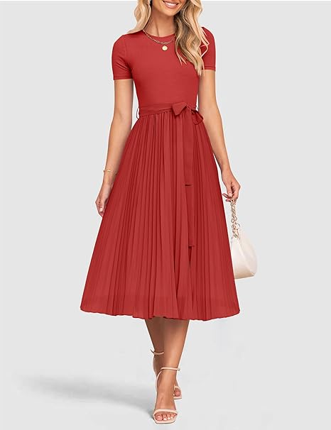 Womens Spring Casual Short Sleeve Midi Dresses 2024 Summer Crew Neck Ribbed Knit Belted Pleated A Line Long Dress
